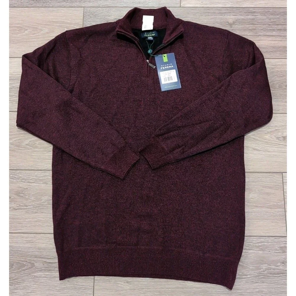 STUDIO FERERA MEN'S 1/4 ZIP BURGUNDY LONG SLEEVE PULLOVER SWEATERS SZ XXL  NWT